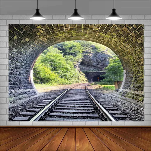 Miniatura 9 de Telón de fondo de pista de tren de 5 x 3 pies, túnel de montaña, ladrillo vintage, Sunmmer, paisaje, árboles verdes, sol, adulto, hombre, niño
