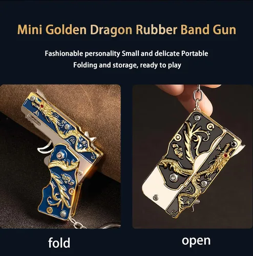 Miniatura 3 de 2pcs mini oro dragón goma banda pistola metal plegable llavero nuevas e interesantes goma banda juguete pistola al aire libre regalo fiesta