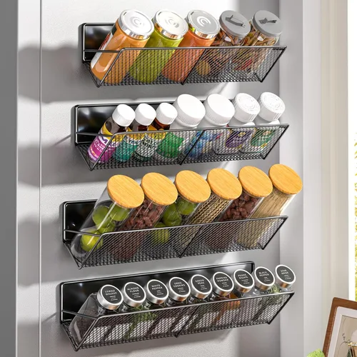 DTUQYX Estante magnético para especias para refrigerador, paquete de 4, estantes magnéticos extra largos y fuertes (14-16.5 pulgadas), organizador