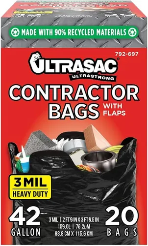 Ultrasac Bolsas de contratistas de 42 galones (paquete de 20 con cierres de solapa), 32.75 x 44.5 - 3 MIL de grosor, grandes, color negro, bolsas de