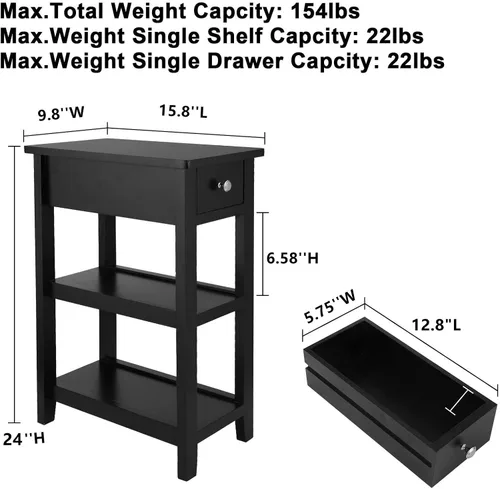 Miniatura 2 de SEJOV Mesa auxiliar estrecha, pequeña mesa auxiliar blanca con cajón y estante de almacenamiento, mesita de noche de madera para sala de estar