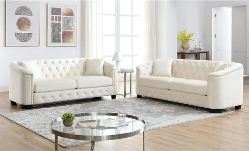 Miniatura 10 de Juego de 2 sofás modernos de terciopelo Chesterfield de 77" para 3 plazas + 59" loveseat, tapizados con respaldos capitoné con brazos de tachuelas