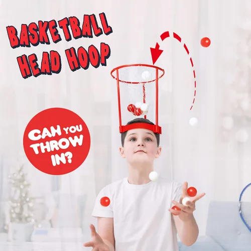 Miniatura 2 de Novelty Place Head Basketball Hoop Juego de fiesta para niños y adultos, diadema de baloncesto ajustable con 20 bolas, rojo y blanco