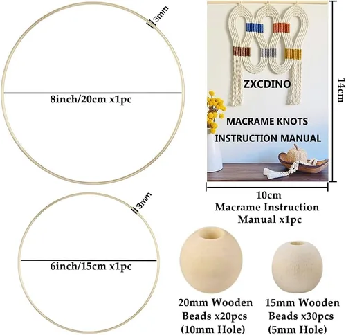 Miniatura 3 de Kits de macramé de 119 piezas para principiantes de 0.118 in x 109 yardas, cuerda de macramé de algodón natural con 100 cuentas de madera, 10