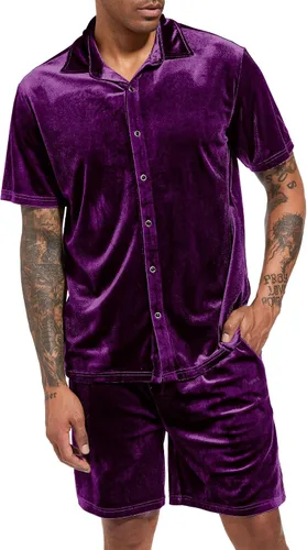 Miniatura 53 de LecGee Conjunto de pantalones cortos casuales de verano para hombre, camisa de terciopelo de manga corta con botones, pantalones cortos de cintura
