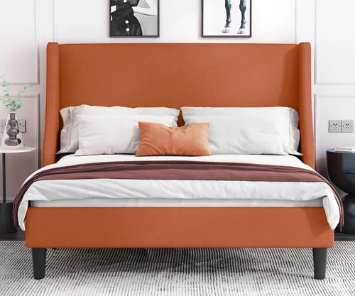Miniatura 12 de Allewie Estructura de Cama de Plataforma Tamaño King con Cabecera Tapizada – Diseño Moderno Deluxe con Respaldo Alado, Soporte de Listones de Gris