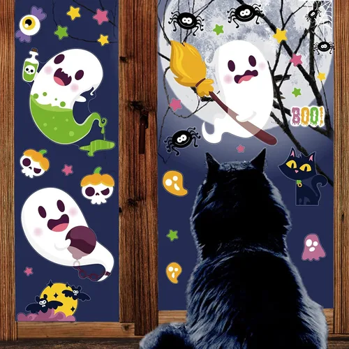 Miniatura 7 de LOKIPA Adhesivos para ventana de Halloween, 8 hojas de calcomanías de Halloween para ventana de vidrio