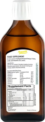 Miniatura 2 de Sanniti Aceite Natural 100% de Hígado de Bacalao, 1081 mg de Ácidos Grasos Omega-3 Totales, Capturado en la Naturaleza Nórdica, 250 mL (8.4 oz)