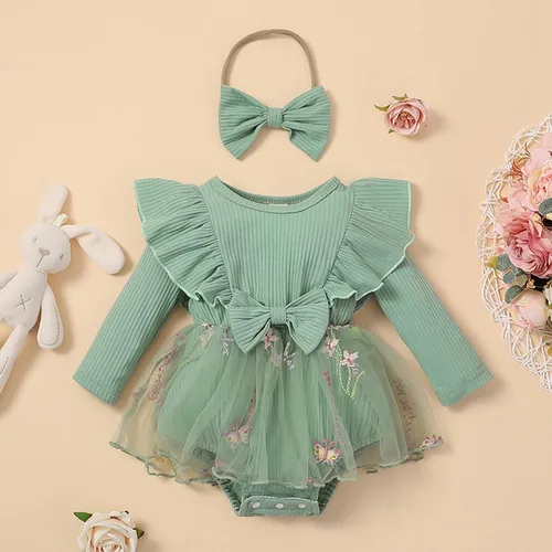 Miniatura 2 de MERSARIPHY Conjunto de mameluco de otoño para bebé niña con volantes, manga larga, a cuadros, overol con diadema