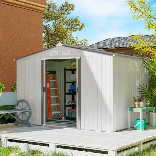 Miniatura 26 de Outsunny Cobertizo de almacenamiento exterior de 11' x 13', cobertizo de metal para herramientas de jardín con kit de cimentación, puerta con doble