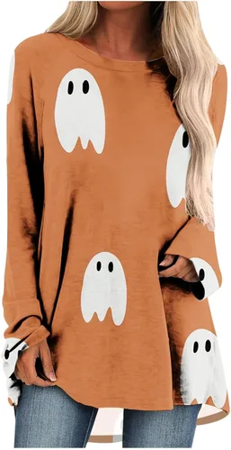 Huilaibazo Túnica de Halloween para mujer, camisas gráficas de telaraña, blusa de manga larga fluida, túnica de talla grande para leggings