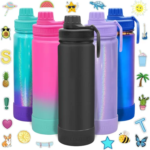 CHILLOUT LIFE Botella de agua aislada para niños de 22 onzas para la escuela con tapa de boquilla a prueba de fugas y bonitas calcomanías Sirena