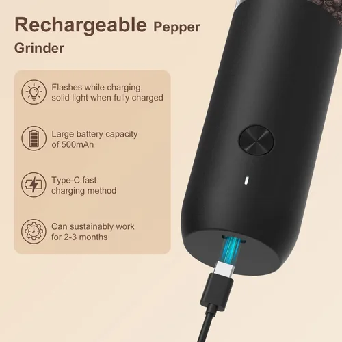 Miniatura 4 de Ultrean Molinillo de pimienta, molinillo de sal y pimienta recargable con 6 grosores ajustables, luz LED, molinillo automático para cocina