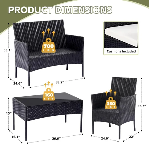 Miniatura 2 de Juego de muebles de patio, juego de 4 piezas para conversación de jardín, mesa y sillas de mimbre para exteriores, juego de patio negro, sofá