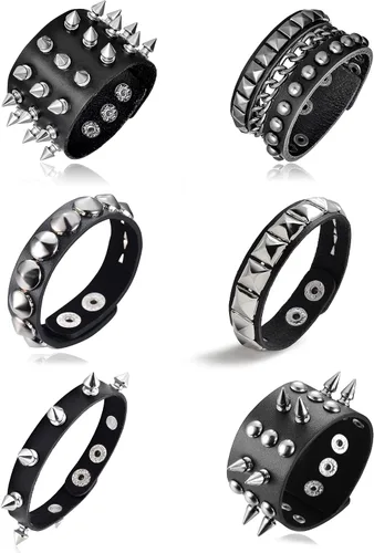 Tornito 4 6 pulseras de cuero con tachuelas de remache y cráneo demonio, negro, punk, rock, gótico, motociclista, correa ancha, de cuero,
