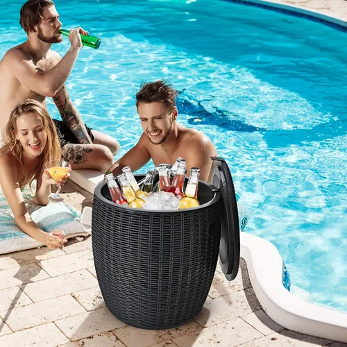 Miniatura 8 de Giantex Enfriador de hielo de 9.5 galones, baúl redondo de mimbre, cubo de hielo para vino de cerveza al aire libre, tapa superior, asas laterales