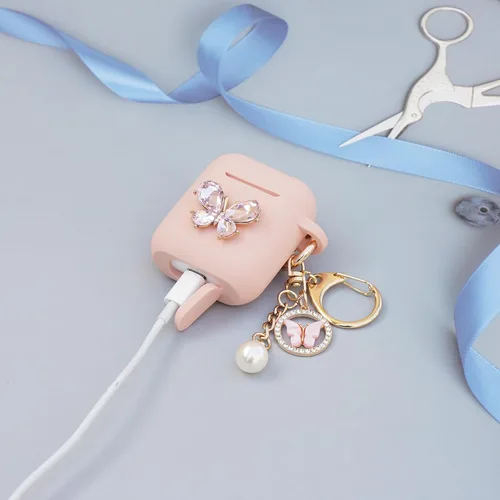 Miniatura 3 de Wonhibo Funda para Airpods para mujeres y niñas, bonita funda de mariposa para Airpod 1 y 2 con llavero (rosa)
