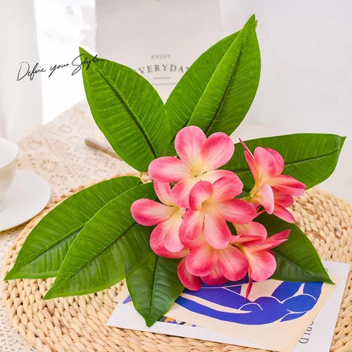 Miniatura 8 de XIYUAN Flores artificiales Frangipani de 35.5 pulgadas, 2 tallos realistas de tacto real, flores de plumeria artificiales para el hogar, fiesta, Rojo