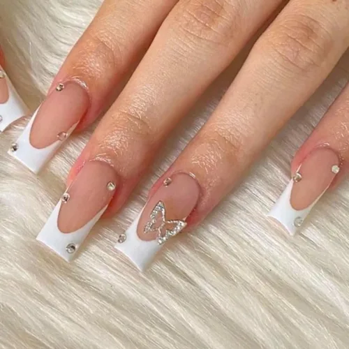 Uñas postizas a presión con punta francesa blanca, uñas postizas largas cuadradas 3D con diamantes de imitación, uñas acrílicas nude, cobertura