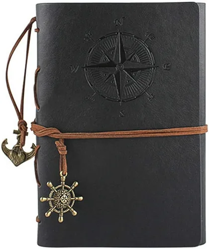 Cuaderno de escritura de cuero, cuaderno de espiral náutico vintage, cuaderno de bocetos, diario de viaje para escribir con páginas en blanco y Negro
