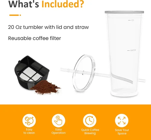 Miniatura 6 de SUNVIVI Cafetera de Café Helado de 20 Oz para Café Molido, Preparador de Té Frío con Filtro de Café Reutilizable y Jarra Aislada, Máquina de Una