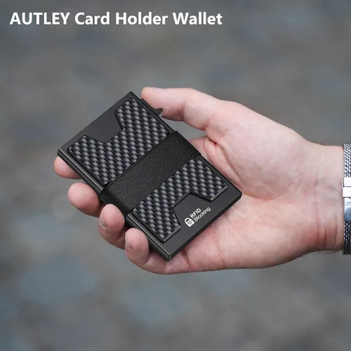 Miniatura 9 de AUTLEY Portatarjetas delgado, billetera minimalista desplegable para hombres, con bloqueo RFID y banda para efectivo (negro)