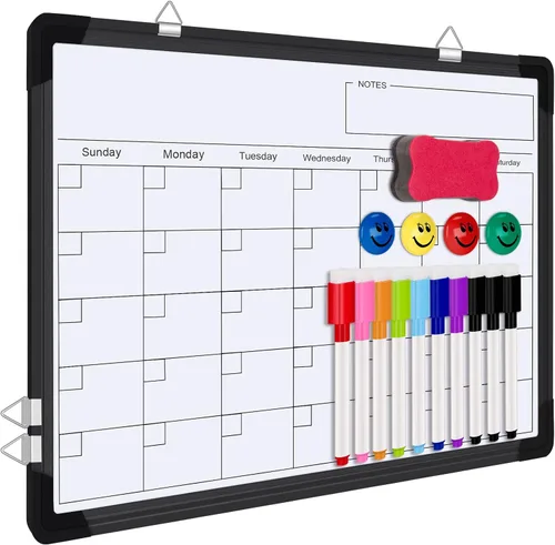 Polegas Calendario de pizarra blanca de borrado en seco, pizarra blanca magnética de borrado en seco, calendario mensual de 16 x 12 pulgadas para