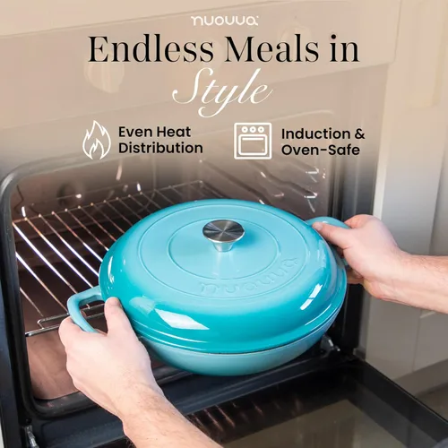 Miniatura 5 de Cacerola Holandesa de Hierro Fundido con Tapa – Cacerola Holandesa Superficial Antiadherente, Apto para Horno hasta 500° F – Cacerola de Cocina Azul
