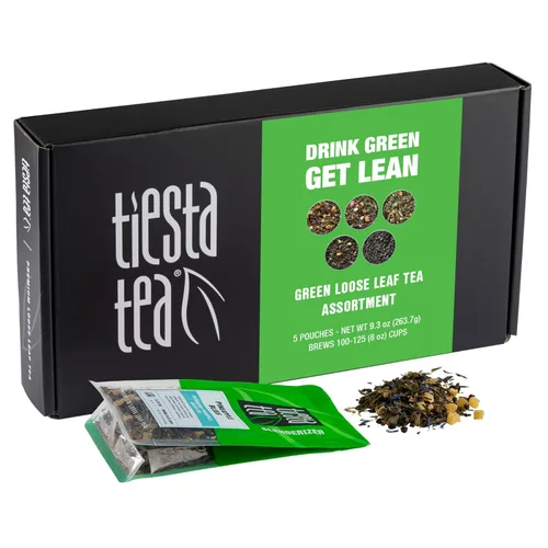Tiesta Tea - Juego de regalo de té verde de hojas sueltas, mezclas surtidas con cafeína media, paquete variado de 5 bolsas de infusiones calientes y