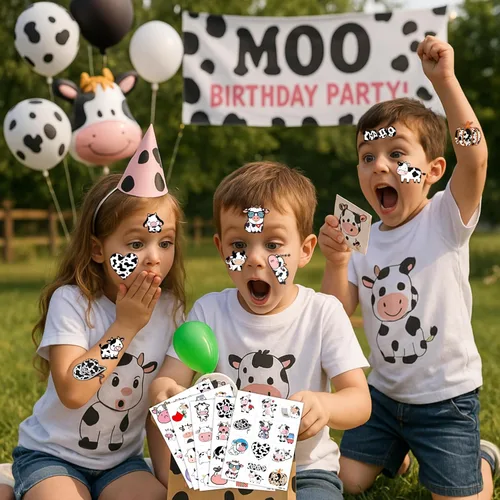 Miniatura 3 de 96 tatuajes temporales precortados de vaca para niños, suministros para fiestas de cumpleaños de animales de granja, decoraciones y recuerdos