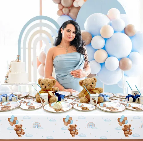 Miniatura 5 de Caisehabu 3 manteles de plástico para baby shower, con diseño de oso de peluche, estilo bohemio marrón y azul, suministros para decoración de fiesta