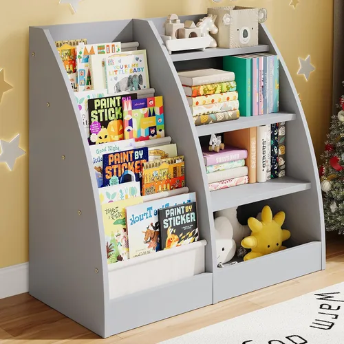 Miniatura 14 de Estantería para niños de 4 niveles, estante de 4 capas para habitaciones de niños, estantería de madera XXL para niños, estante de almacenamiento