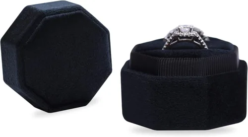 Miniatura 5 de BLUTETE Caja de terciopelo con 2 ranuras para joyería, caja de compromiso, boda, caja de recuerdo, anillo de foto nupcial, octágono de doble ranura