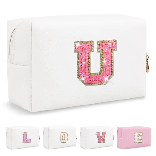 Miniatura 433 de Pequeña bolsa de maquillaje personalizada con inicial A-Z Preppy Patch, bolsa de cosméticos de viaje de felpilla blanca con cremallera, bonita bolsa
