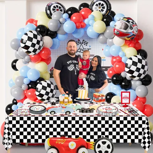 Miniatura 3 de 81 piezas de decoraciones para fiesta de segundo cumpleaños Two Fast Race Car - Platos de autos de carreras, servilletas, mantel para fiesta
