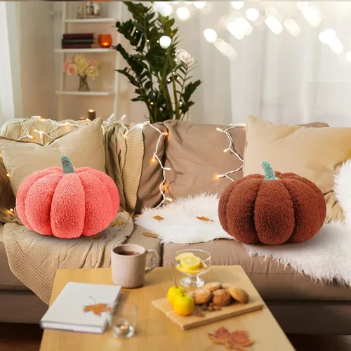 Miniatura 5 de Kajaia 2 almohadas de felpa de calabaza simulada de 11 x 9.5 pulgadas, cojines 3D para decoración de otoño, Halloween, Acción de Gracias, Naranja