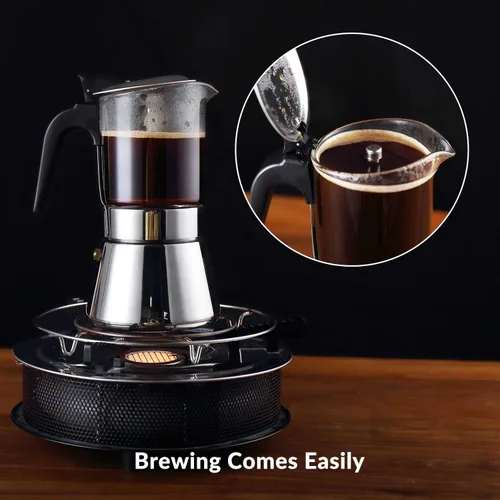 Miniatura 6 de Geesta Premium Cafetera de Espresso para Estufa con Tapa de Cristal - 4/6/9 Tazas - Cafetera de Acero Inoxidable - 240ml/8.5oz/6 tazas