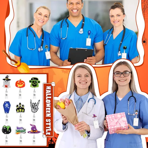 Miniatura 4 de 9 piezas de portarretes de insignia de Halloween con purpurina divertida para Halloween, fantasma, calabaza, insignias, retráctiles, lindos carretes