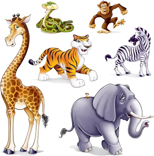 Beistle Accesorios de animales de la selva: decoraciones de pared con temática de safari grande con diseños de jirafa, tigre, elefante, cebra, mono