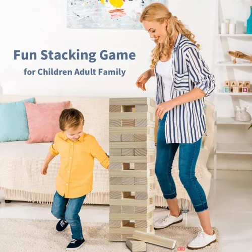 Miniatura 7 de Megwoz Juegos de torre de caída mediana para niños y adultos, 66 bloques de madera de pino de Nueva Zelanda apilados a 3.5 pies, juegos familiares