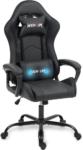 Miniatura 17 de Silla de videojuegos de piel sintética para masaje, silla de videojuegos para PC con soporte lumbar para hombres y mujeres, oficina en casa, altura