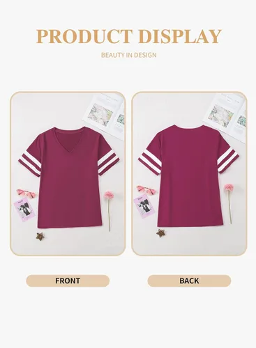 Miniatura 115 de Eytino Blusas de talla grande para mujer, cuello en V, manga corta, a rayas, casual, holgada, con bolsillo (1X-5X)