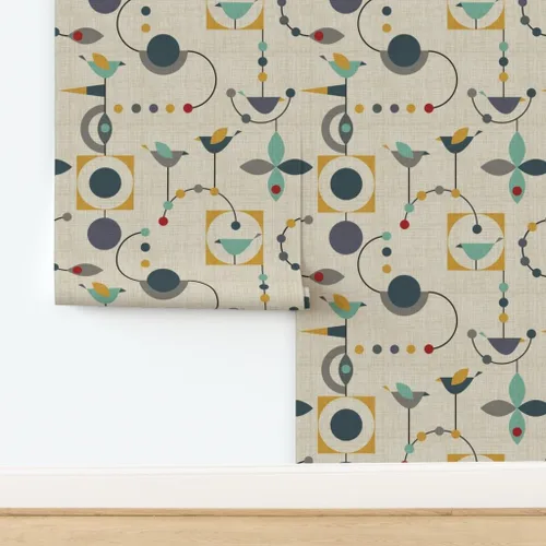 Miniatura 4 de Muestras de papel tapiz para despegar y pegar, diseño de pájaros de mediados de siglo, círculos abstractos modernos de los años 50, papel tapiz