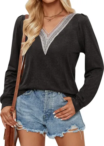 Miniatura 4 de ZESICA Camisetas casuales de manga larga para mujer, con cuello en V, de encaje, básicas, para verano y otoño