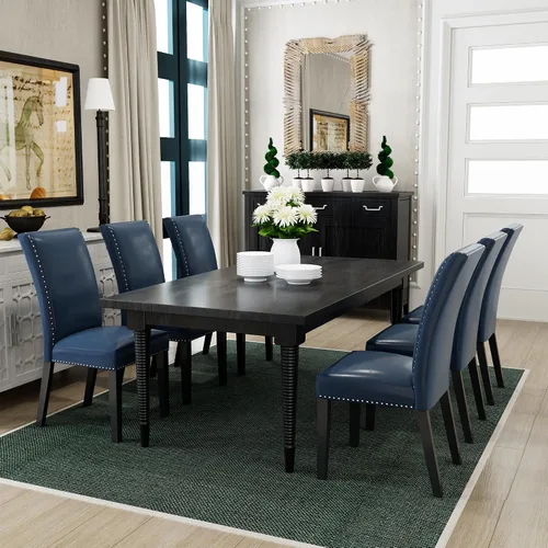 Miniatura 12 de PADMA HOUSE Grey Parsons - Juego de 4 sillas de comedor tapizadas, de piel sintética, con ribete de cabeza de clavo, moderna silla auxiliar sin Gris