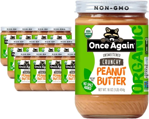 Once Again Mantequilla de maní crujiente orgánica, 16 onzas, sin sal, sin azúcar, orgánica USDA, certificado sin gluten, vegano, kosher, tarro de