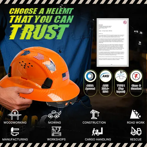 Miniatura 8 de Casco duro de ala completa con patrón de fibra de carbono con visera, casco de seguridad de construcción aprobado por la OSHA para hombres y Fibra