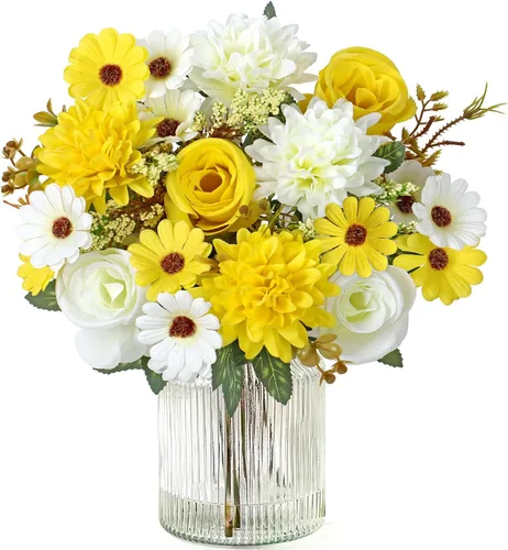 Miniatura 10 de Dremisland Fake Flower Bouquets,2 Packs Silk Rose Daisy Bouquet Artificial Flower Arrangement Realistic Rose Bouquets for Centerpiece Table Wedding
