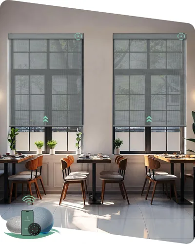 Yoolax Persianas solares motorizadas que filtran la luz, persianas inteligentes con control remoto, funcionan con Alexa, persianas enrollables