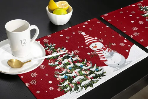 Miniatura 5 de Juego de 6 manteles individuales de Navidad, muñeco de nieve, copo de nieve, árbol de Navidad, resistentes al calor, para mesa de comedor, lino